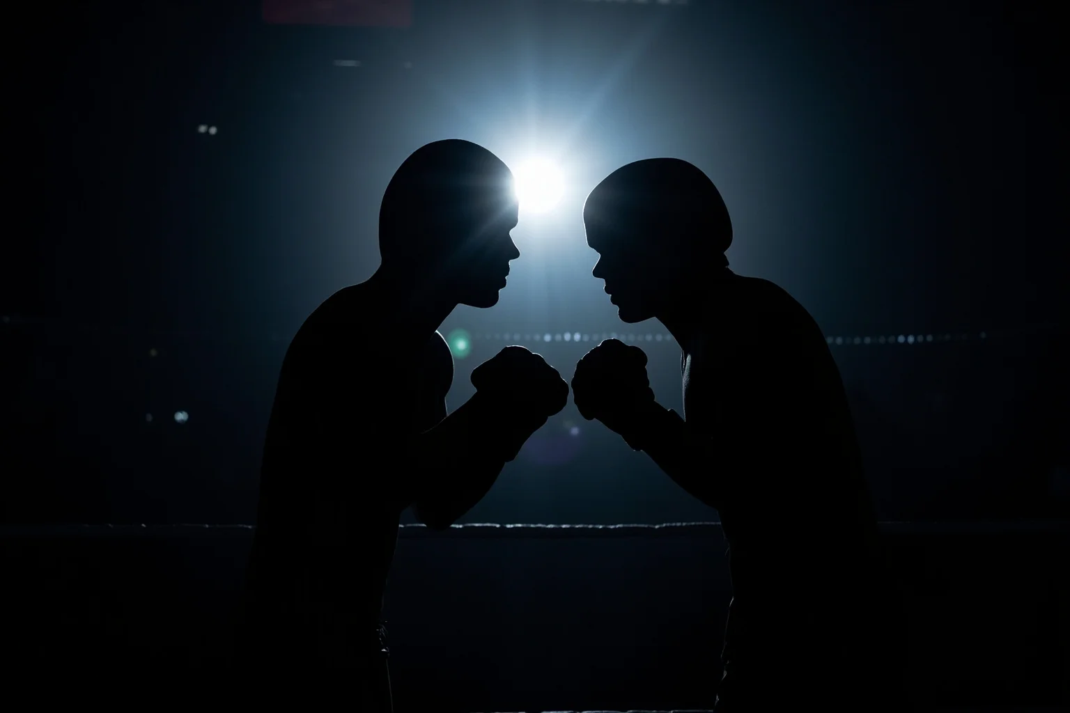26 of History's Most Famous Rivalries 11 Two silhouetted boxers facing off in a dramatic ring spotlight, generic figures not real people