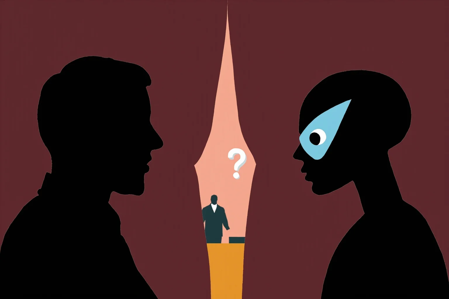 Two silhouettes, one human and one robotic, chatting through a curtain with a question mark above a judge figure