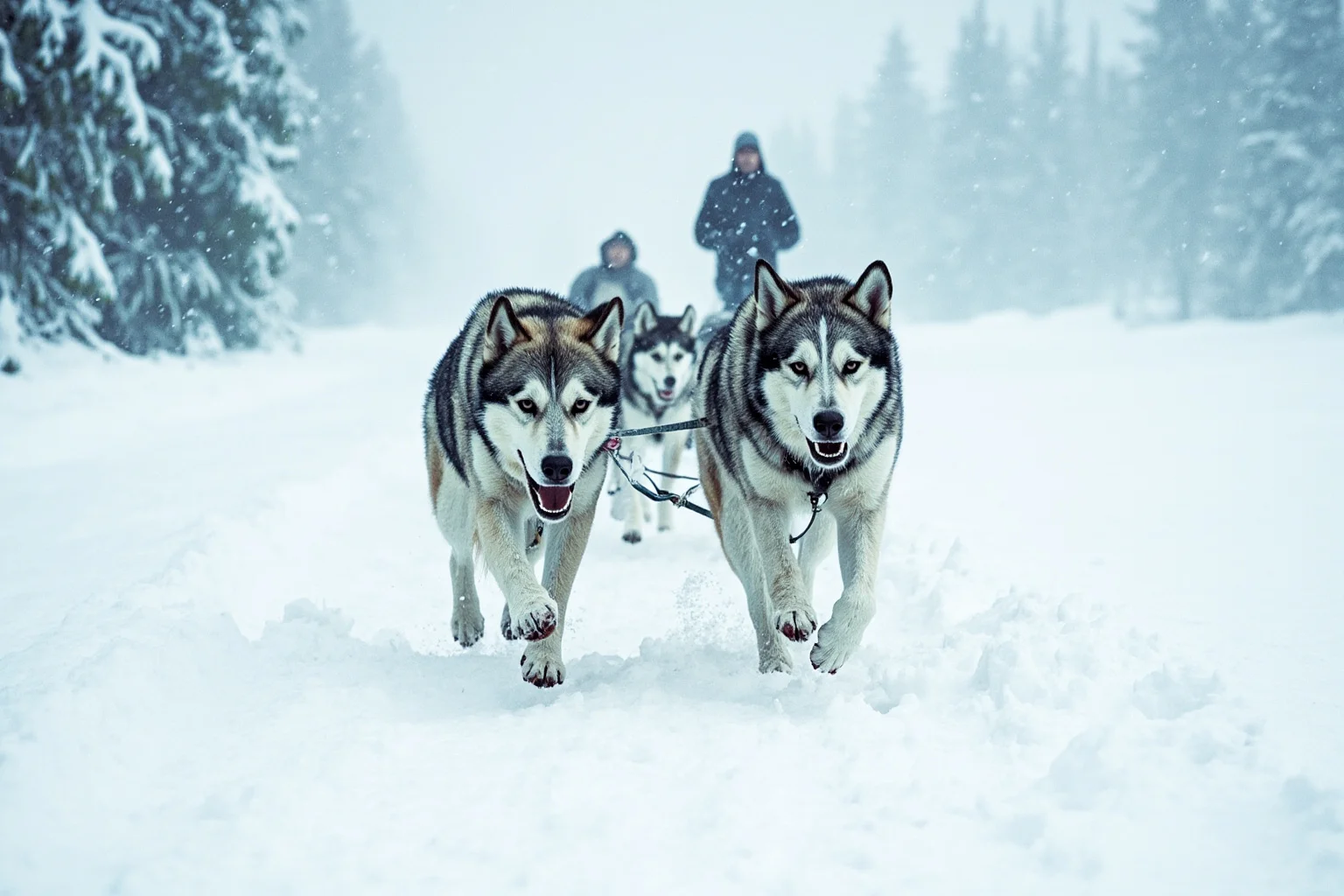 22 Animal Heroes Who Changed Human History 13 Two sled dogs leading a dog-sled team through a snowy Alaskan blizzard, illustrative style