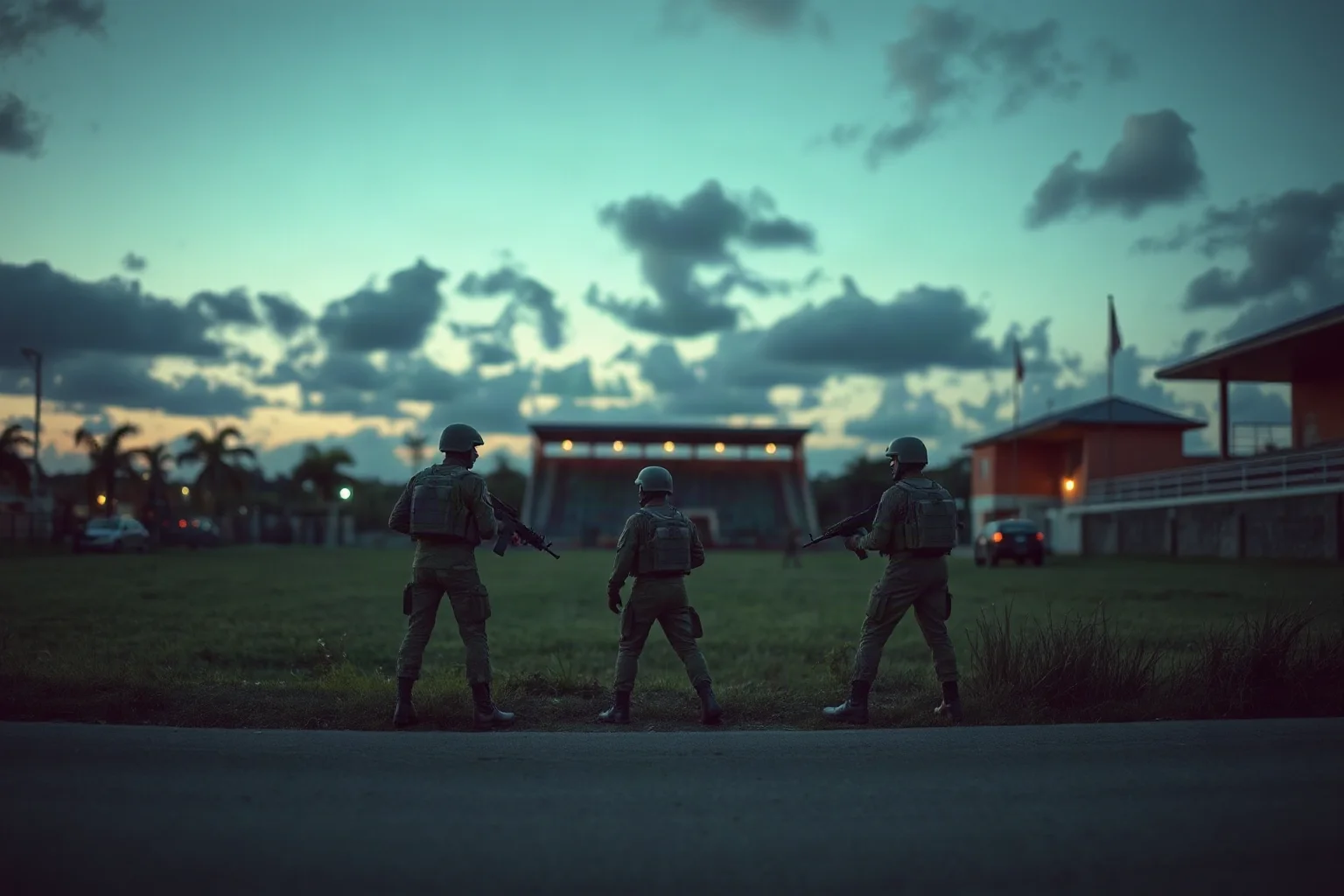 Two small Central American army units facing off near a rural border stadium at dusk