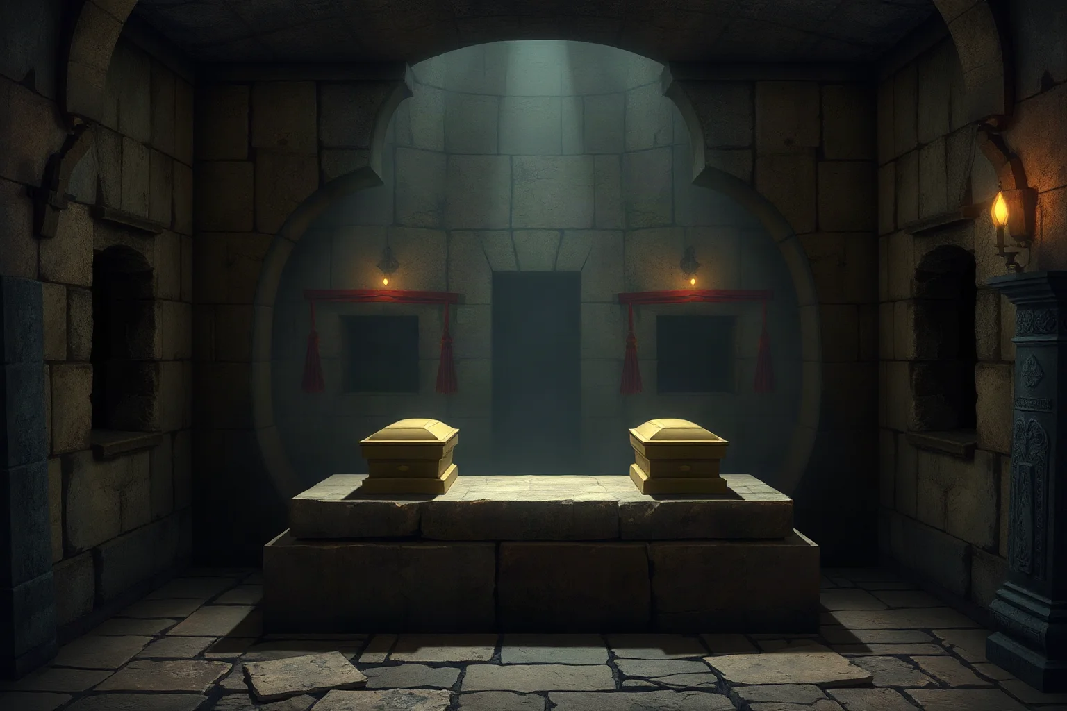 Two small ceremonial coffins on a stone altar in a dim tomb chamber, illustrative style