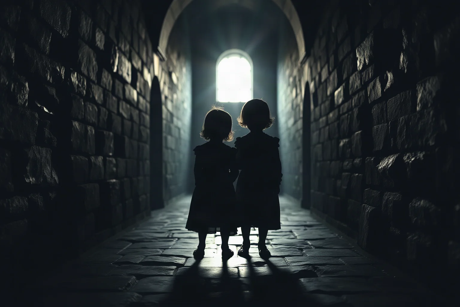 Two small ghostly child silhouettes in old-fashioned nightgowns standing together in a dark stone tower hallway