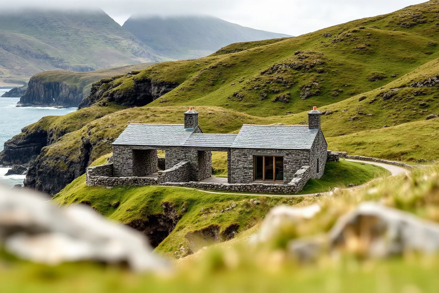 Two small interconnected ancient stone houses with low walls on a windswept green Scottish island coastline