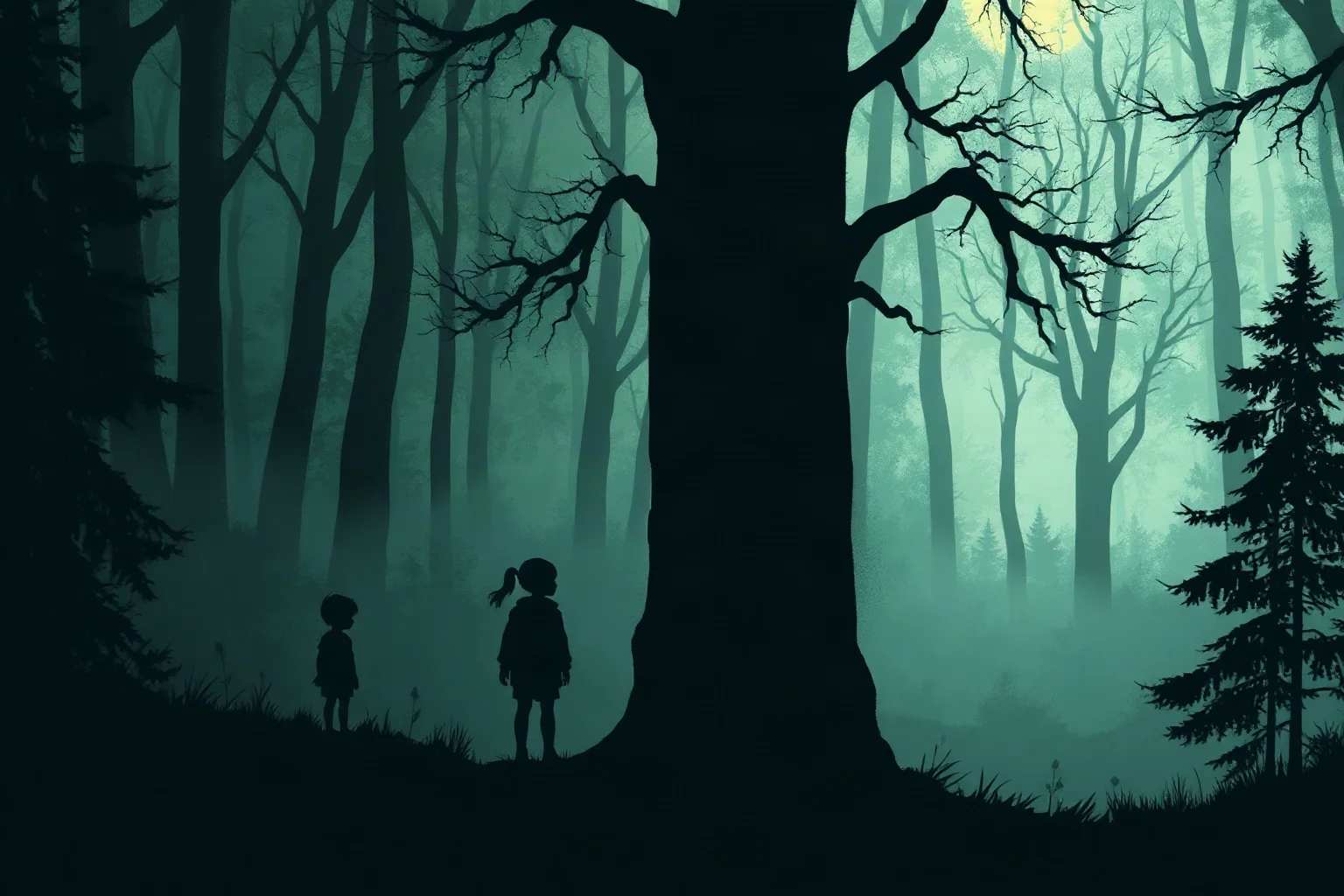 Two small silhouetted child figures with a faint greenish glow standing at the edge of a forest clearing, mysterious atmosphere, fantasy illustration, non-photorealistic