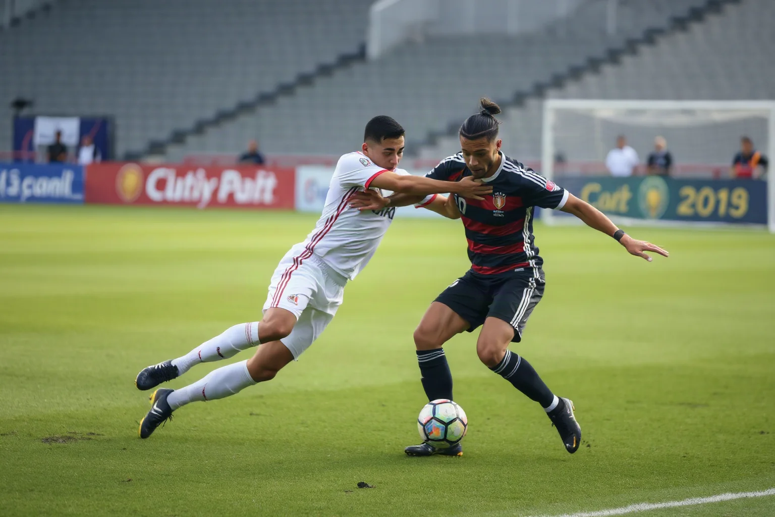 Two soccer players in a hard tackle challenge on a professional pitch, intense rivalry atmosphere, no graphic injury shown