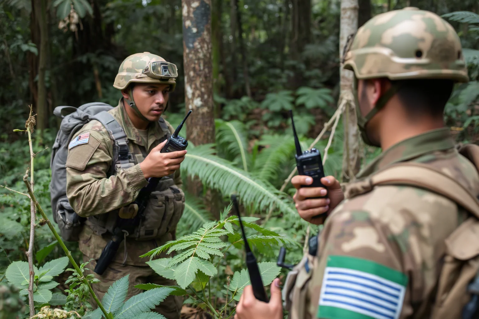 Two soldiers with a portable radio unit communicating in a jungle clearing