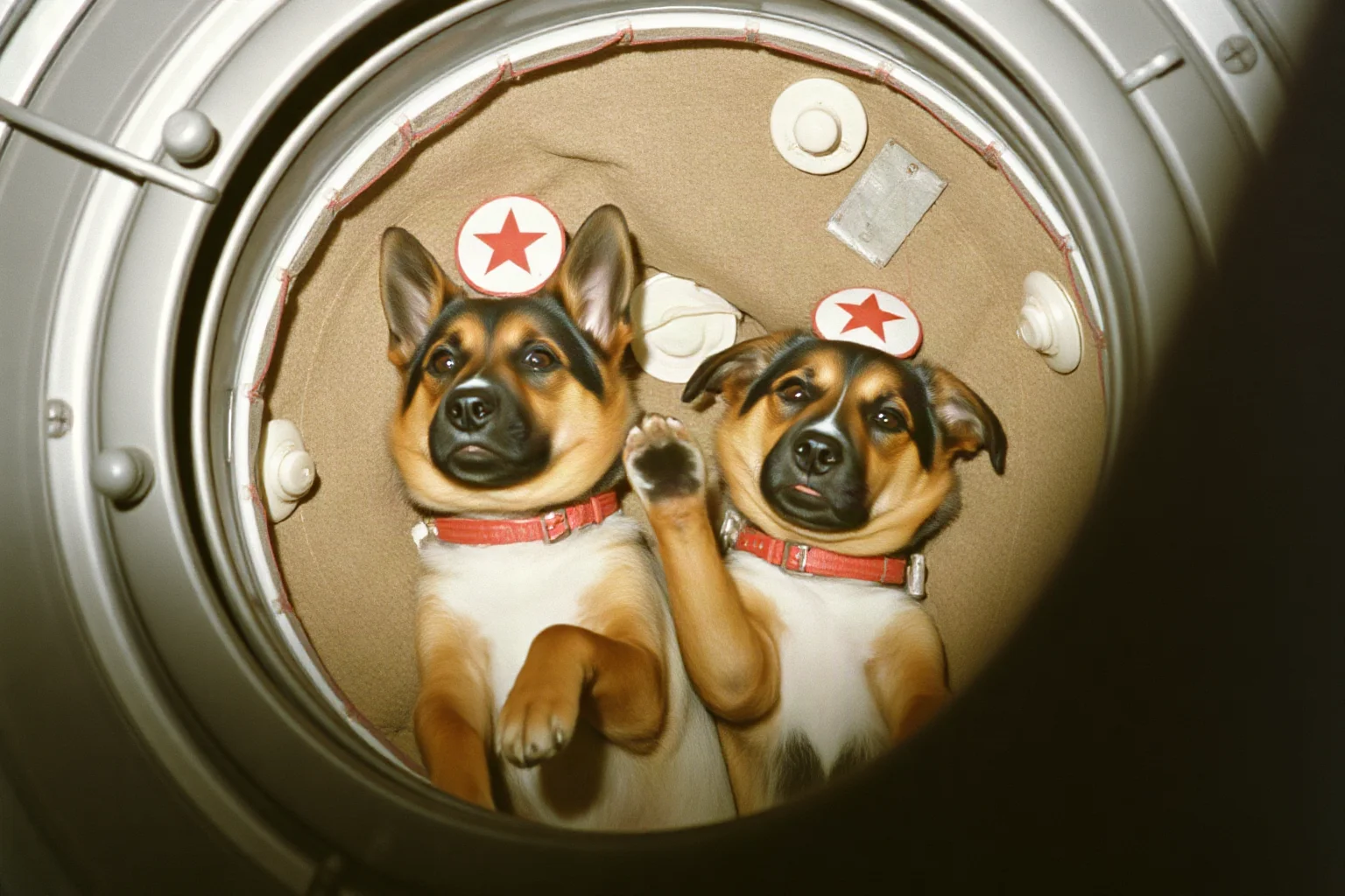 Two Soviet space dogs in a recovery capsule after successful orbital mission, 1960