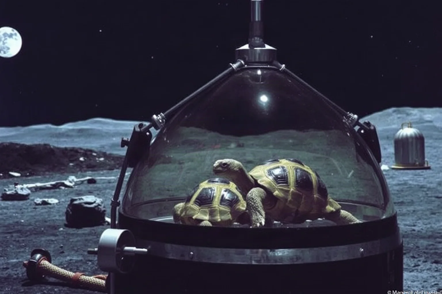 Two steppe tortoises inside a Soviet Zond spacecraft near the Moon, 1968