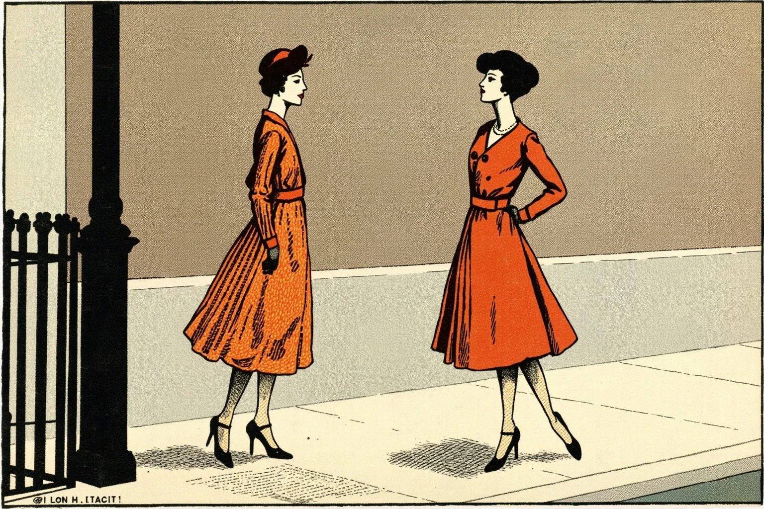 How an All-Female Gang Changed the Face of Crime in 19th Century London 18 Two stylish 1920s women facing each other with tense expressions on a London street corner, illustration