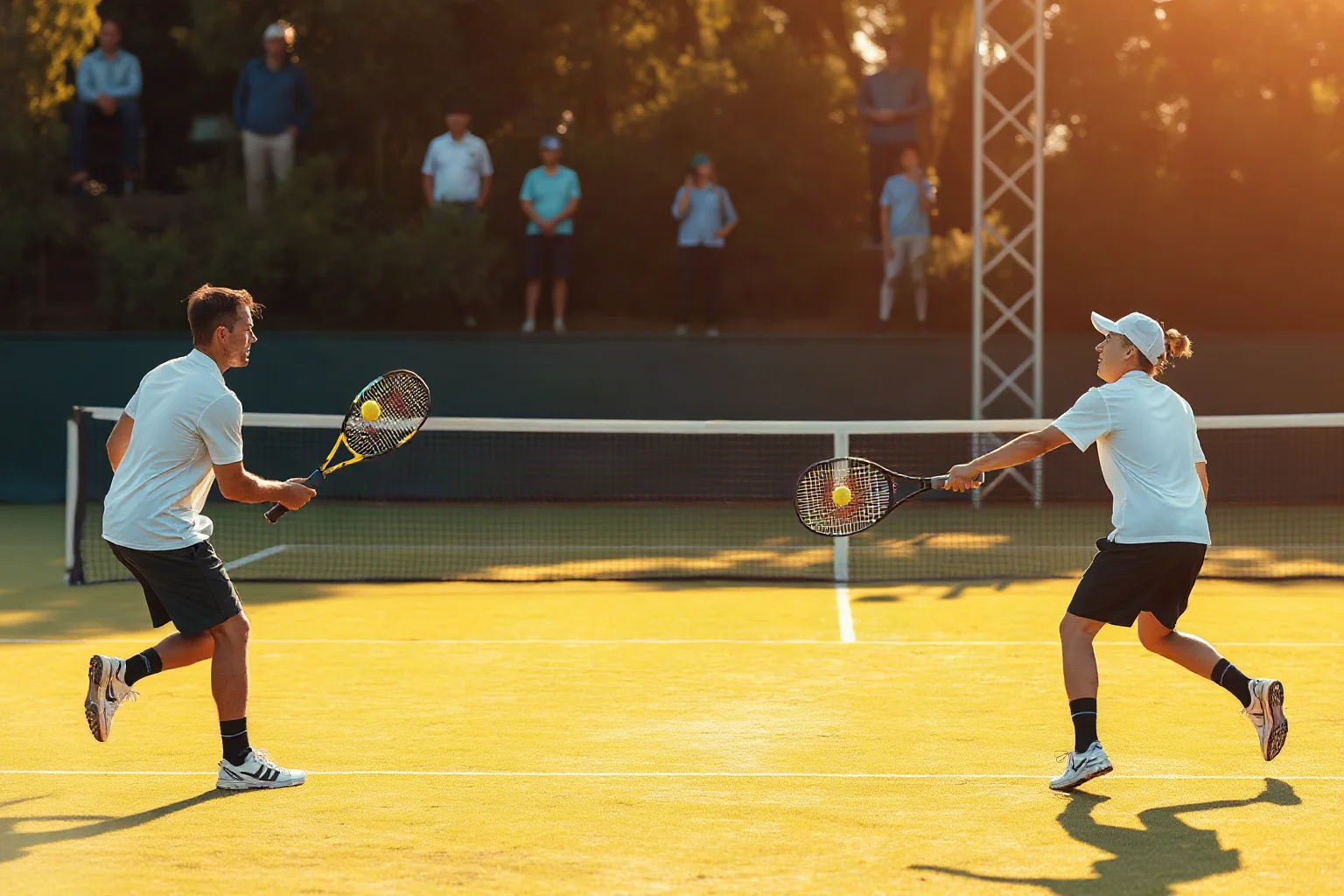 Two tennis players mid-rally on a grass court under golden afternoon light, illustrative style