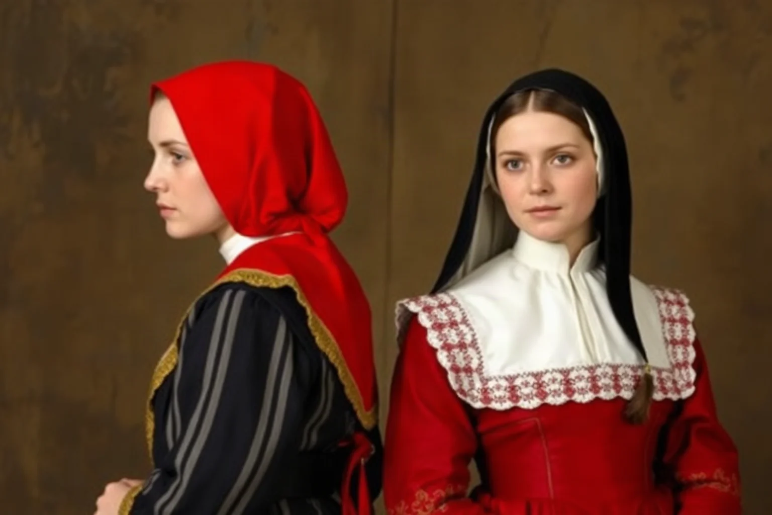 Two Tudor-era half-sisters in contrasting religious garments—one in Catholic vestments, one in Protestant dress—standing back to back