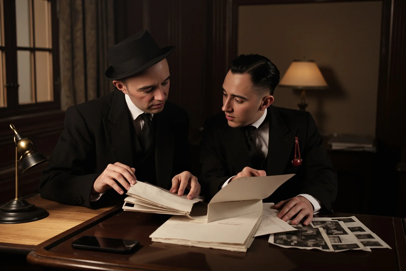 Legendary Cases Involving the Pinkerton Detective Agency 17 Two Victorian-era businessmen in an old-fashioned office reviewing criminal record files and photographs