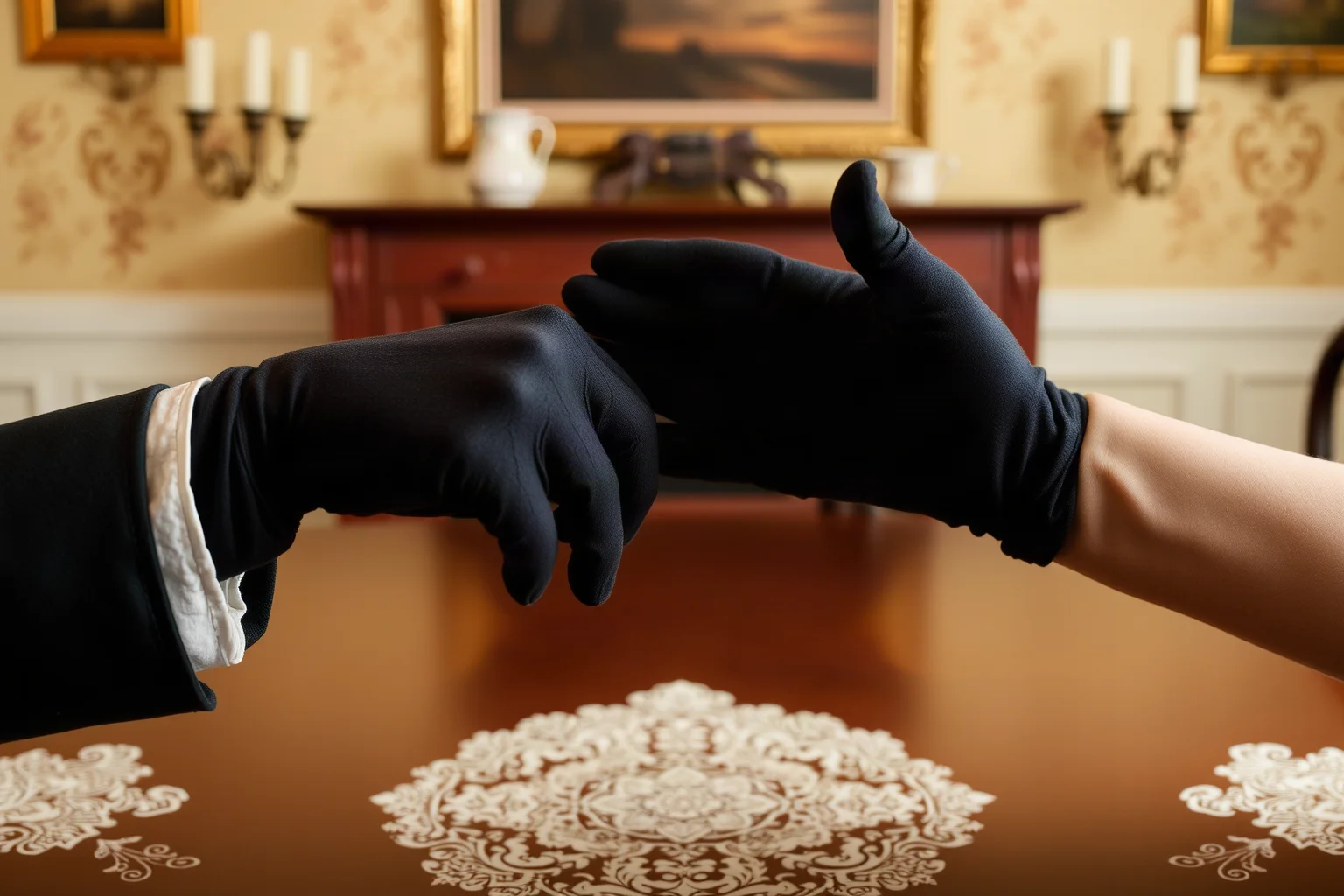 Two Victorian-era gloved hands almost touching across a parlor table