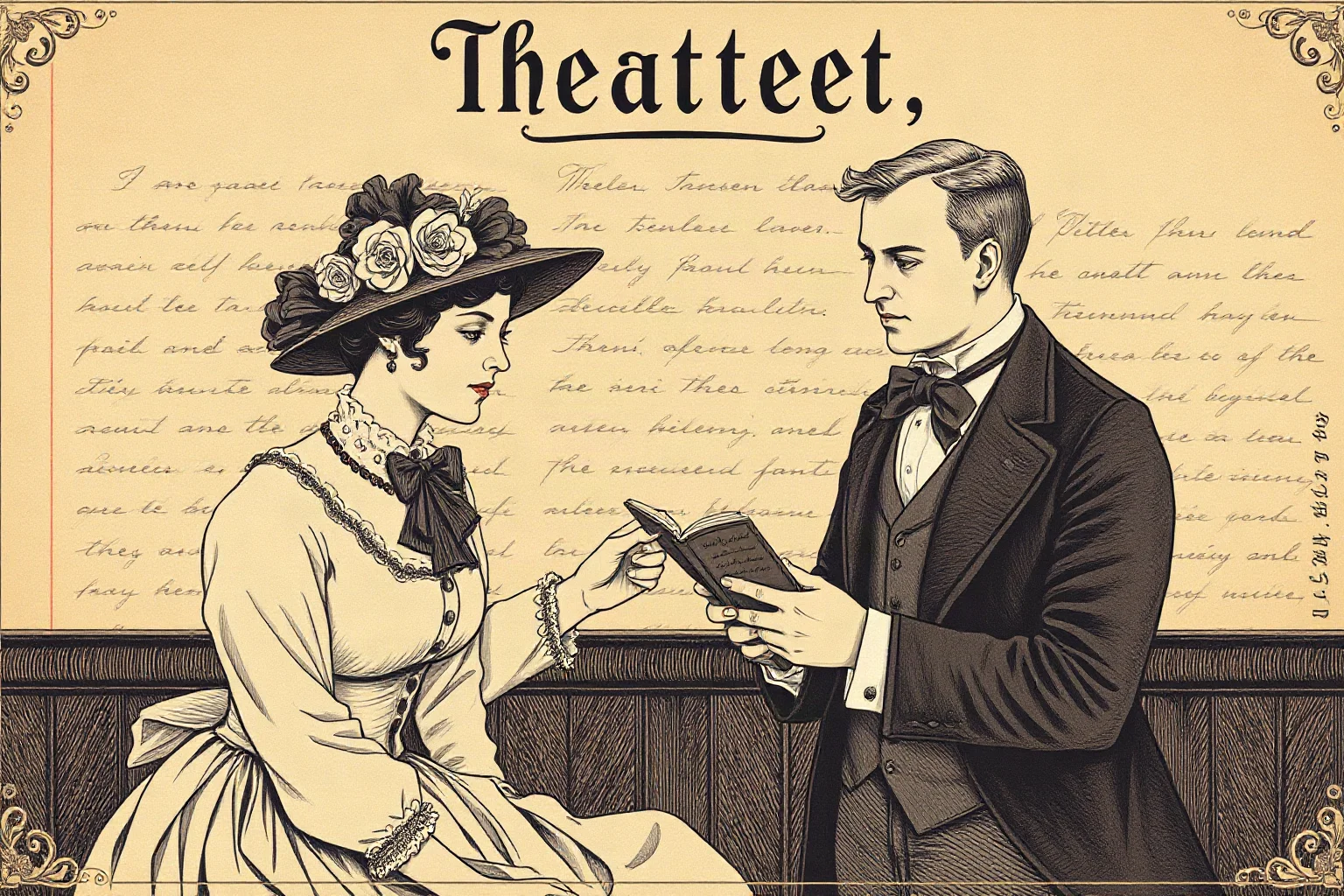 Two Victorian-era poets exchanging handwritten letters, romantic sepia-toned illustration