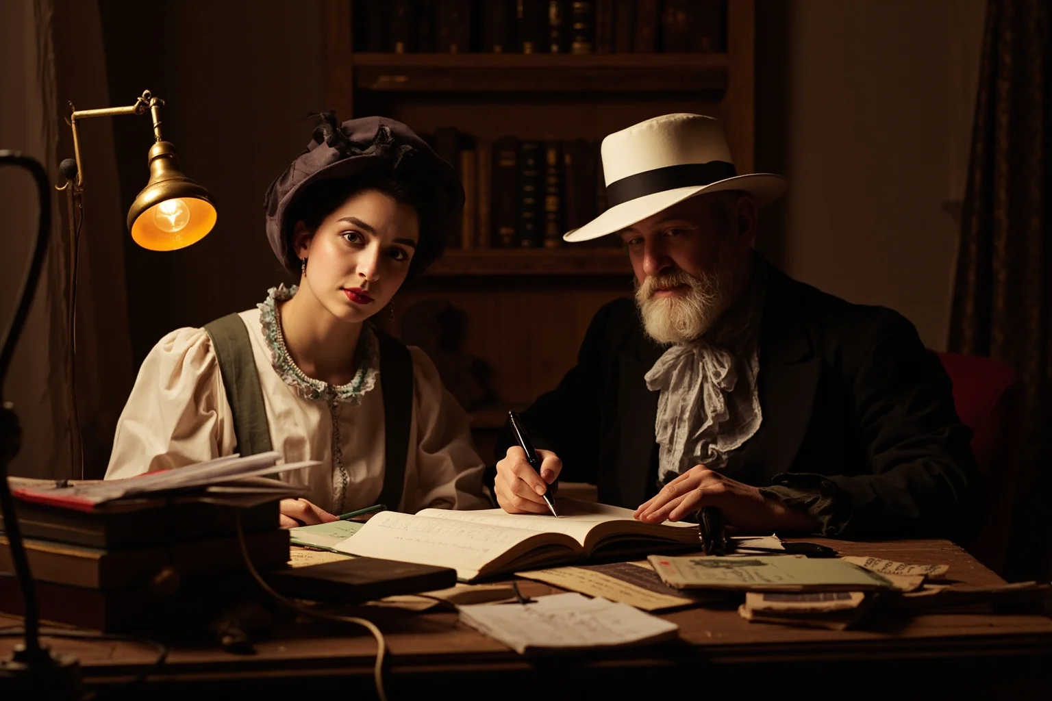 The 22 Greatest Love Stories in History 6 Two Victorian-era poets seated at a writing desk surrounded by books and handwritten letters, warm lamplight