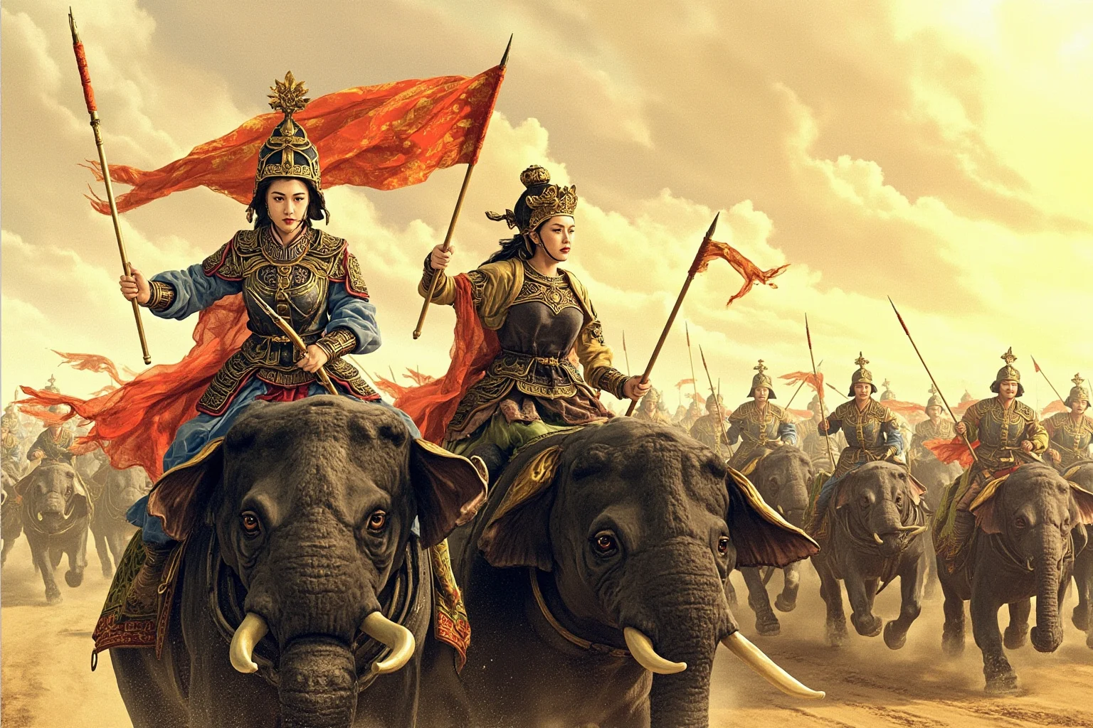 Wars Started By Women: The Rebel Queens Who Changed History 8 Two Vietnamese sisters in ancient armor riding war elephants leading rebel troops, historical illustration style