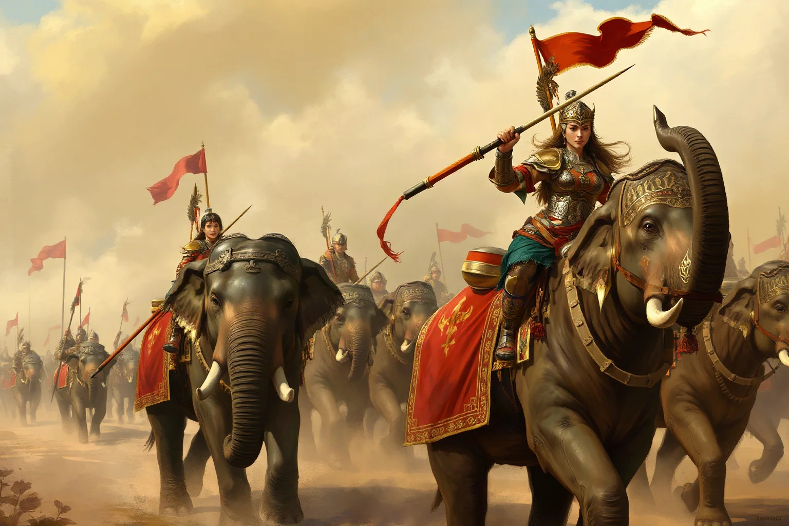 Two Vietnamese warrior sisters on war elephants leading troops in ancient battle armor, historical illustration style