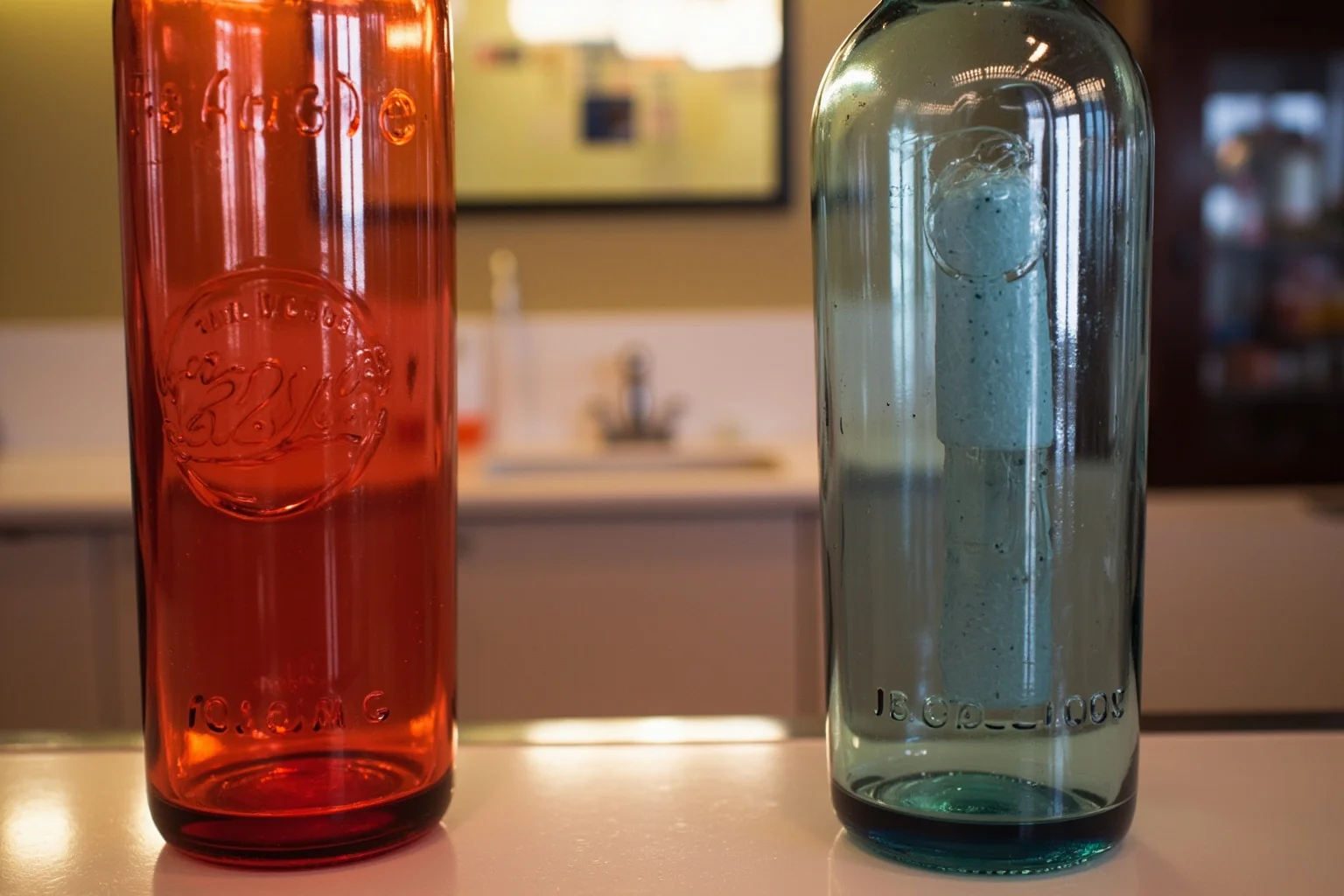 26 of History's Most Famous Rivalries 18 Two vintage soda bottles in contrasting red and blue facing off on a diner counter