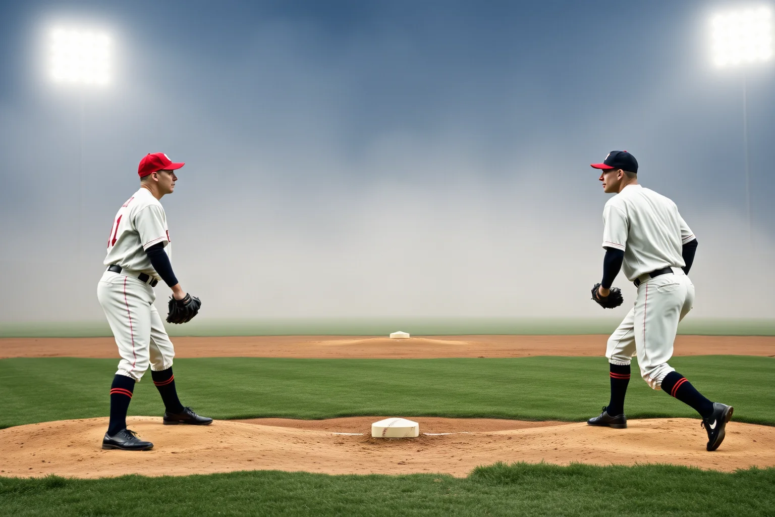Two vintage-uniformed pitchers facing off on a foggy, packed dead-ball era baseball field under stadium lights of the era