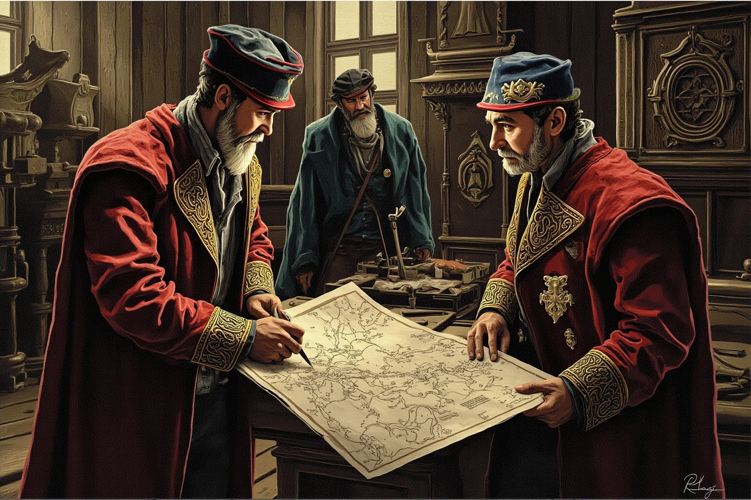 The Mad Baron Who Conquered Mongolia: The Bloody Life of Roman von Ungern-Sternberg 9 Two warlord commanders in military coats conferring over a map inside a rustic wooden headquarters, illustration