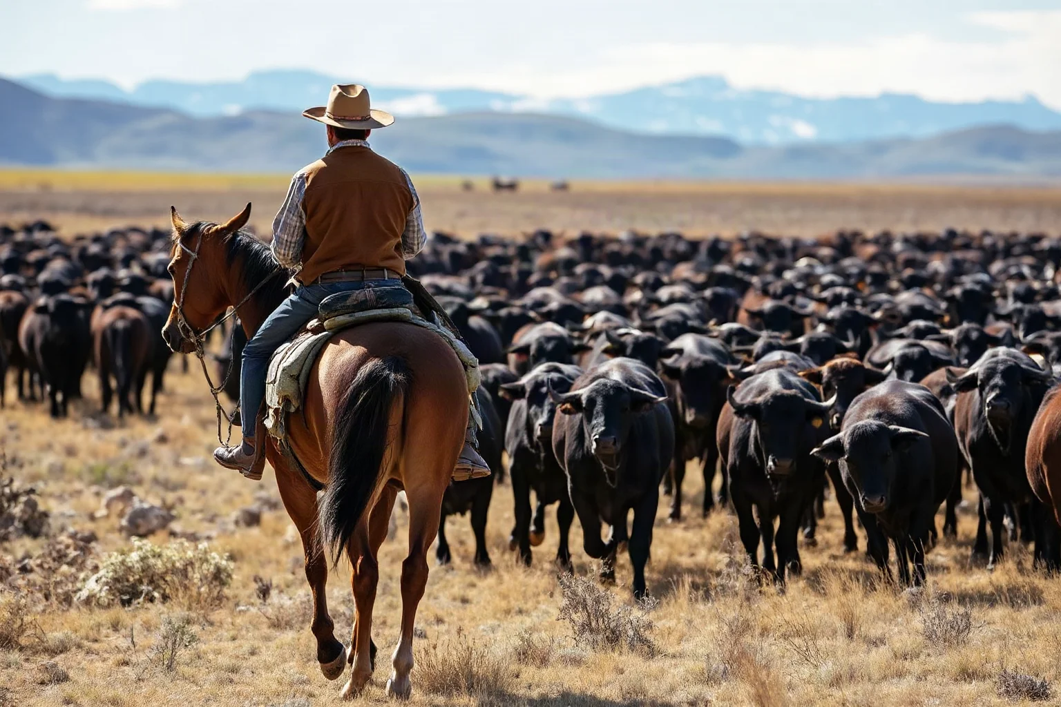 Two weathered cowboys on horseback leading a massive cattle herd across open prairie landscape toward distant mountains