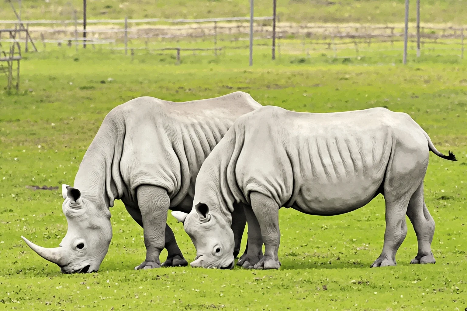 Recently Extinct Animals: A Complete List From the Last 10–20 Years 23 Two white rhinoceroses grazing together in an open grassy enclosure with a distant fence, illustrative wildlife art style