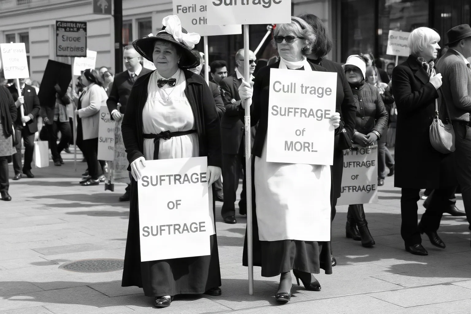 Two women in early 1900s suffrage-era clothing holding banners at a protest march