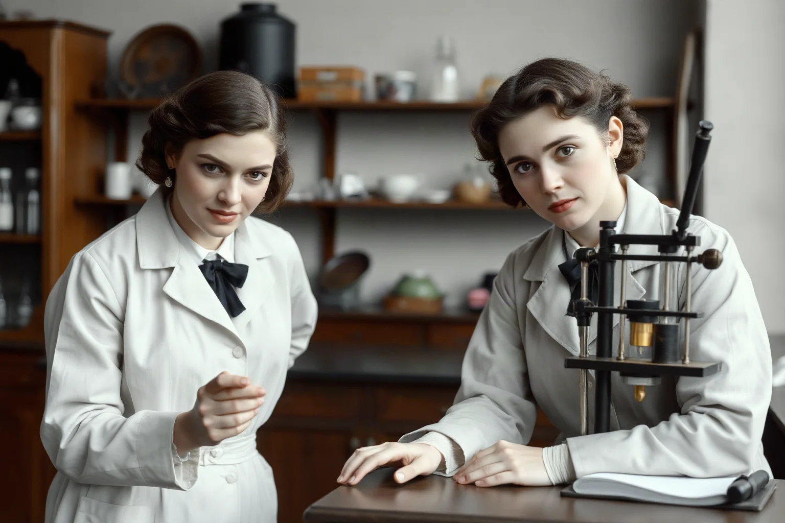 Two women scientists in early 1900s attire in a laboratory, one supporting the other's work at a scientific apparatus