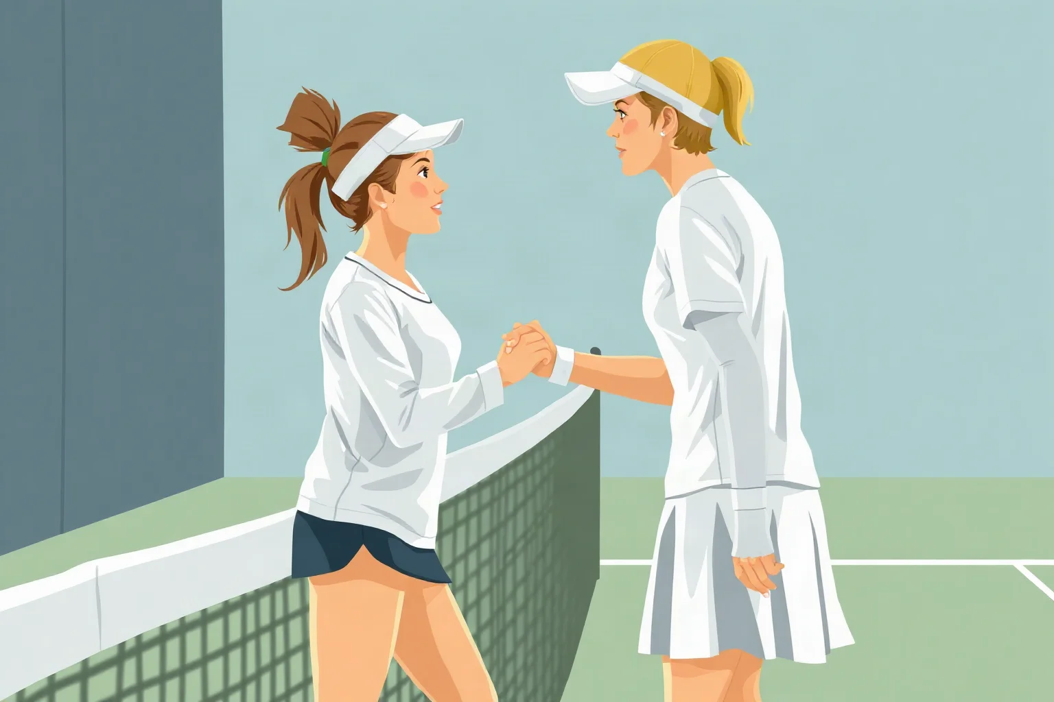 Two women tennis players shaking hands at the net after a match, warm illustrative style