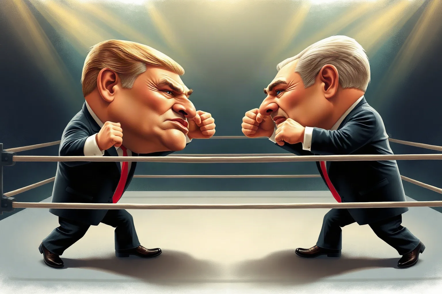 Two wrestlers in a ring with caricatured world leaders' faces, symbolizing Cold War brinkmanship and nuclear tension
