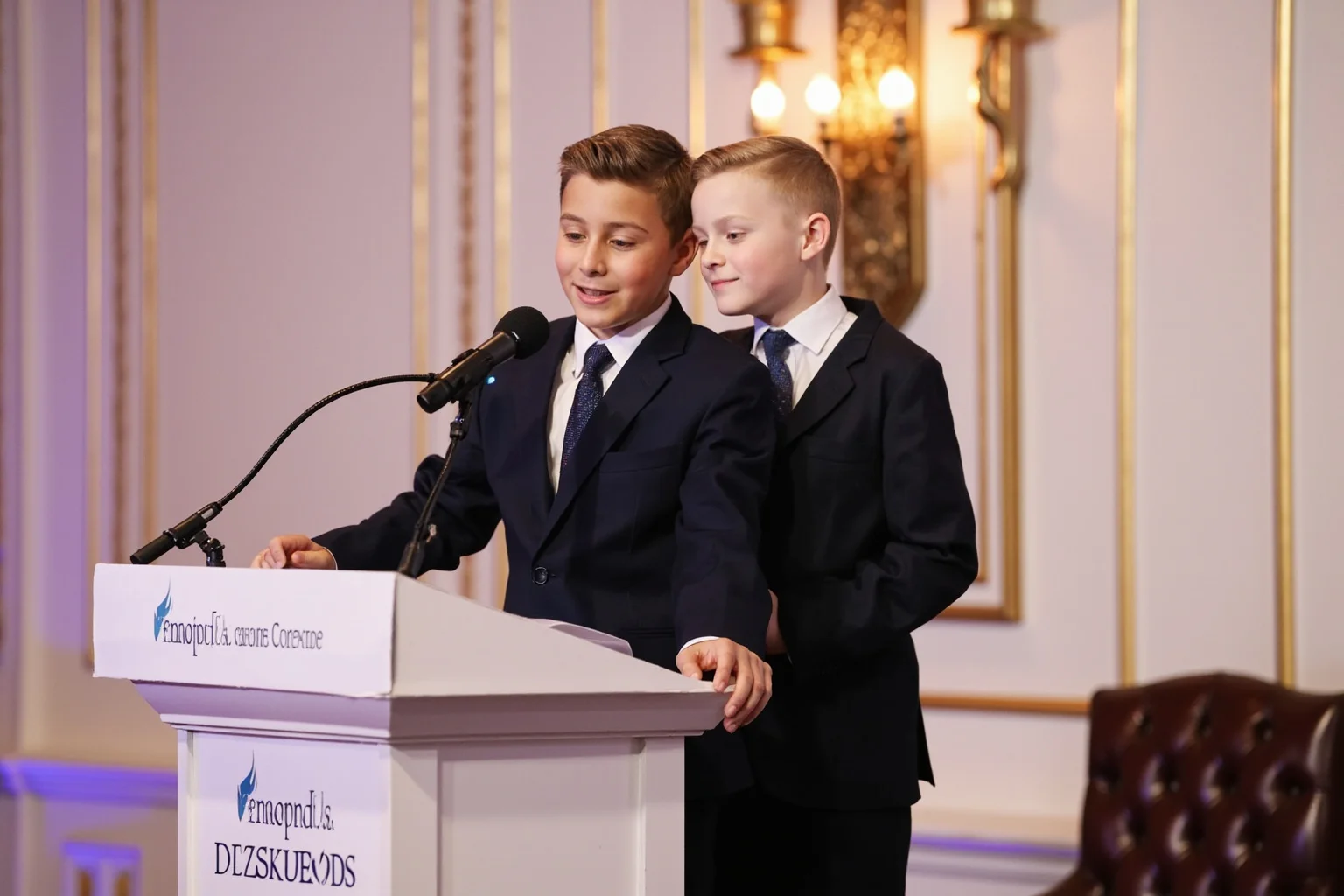 Two young adult princes in formal suits at a charity event podium, continuing humanitarian tradition