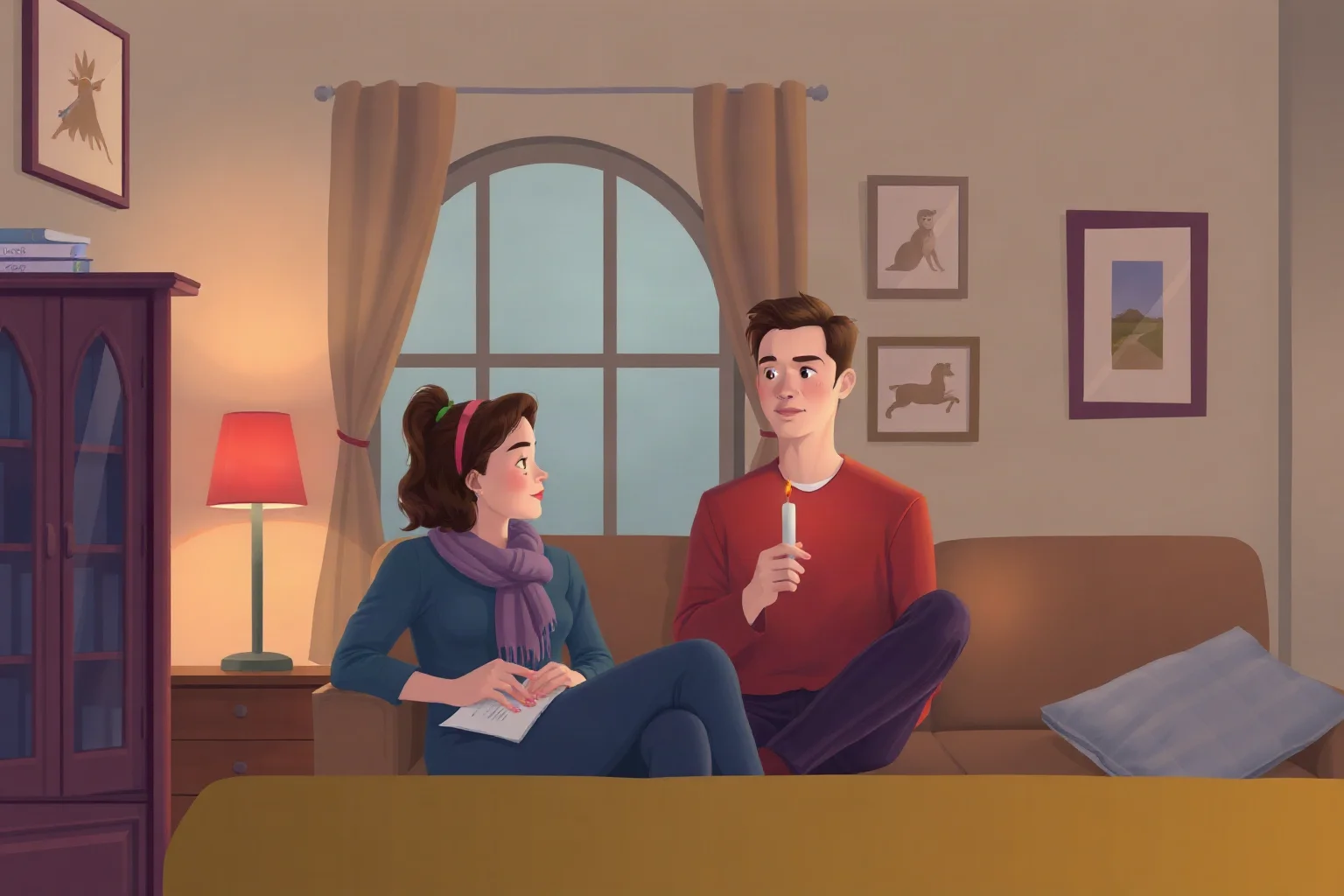Two young adult siblings, a young man and young woman, talking quietly by candlelight in a modest 1940s apartment, illustration
