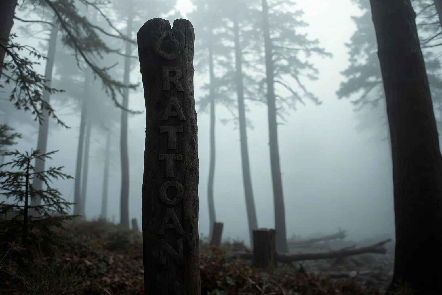 A weathered wooden post carved with the word 'CROATOAN', standing in a foggy coastal forest clearing, moody historical illustration style