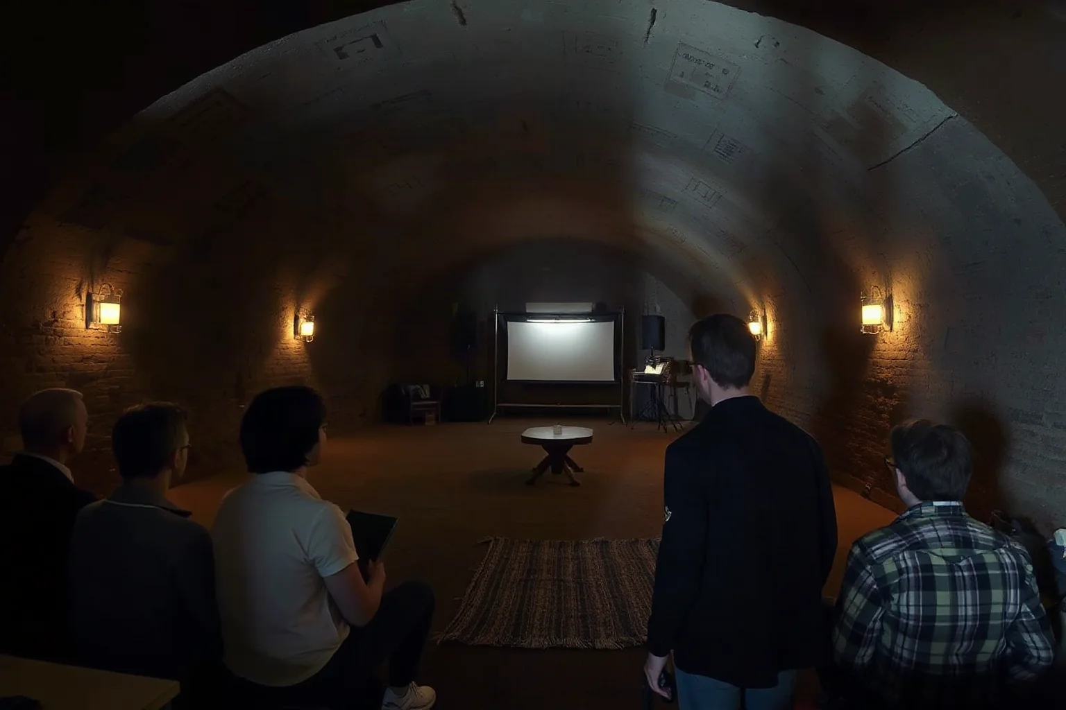 Underground chamber with art installations and makeshift cinema screen, discovered by police in an illegal cataphile gathering space
