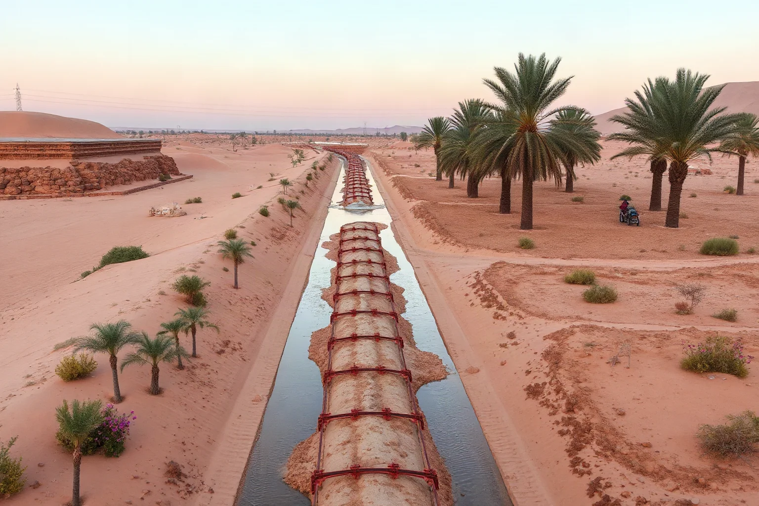 Underground desert irrigation channel (foggara) with palm groves in the Sahara, Garamantian engineering scene