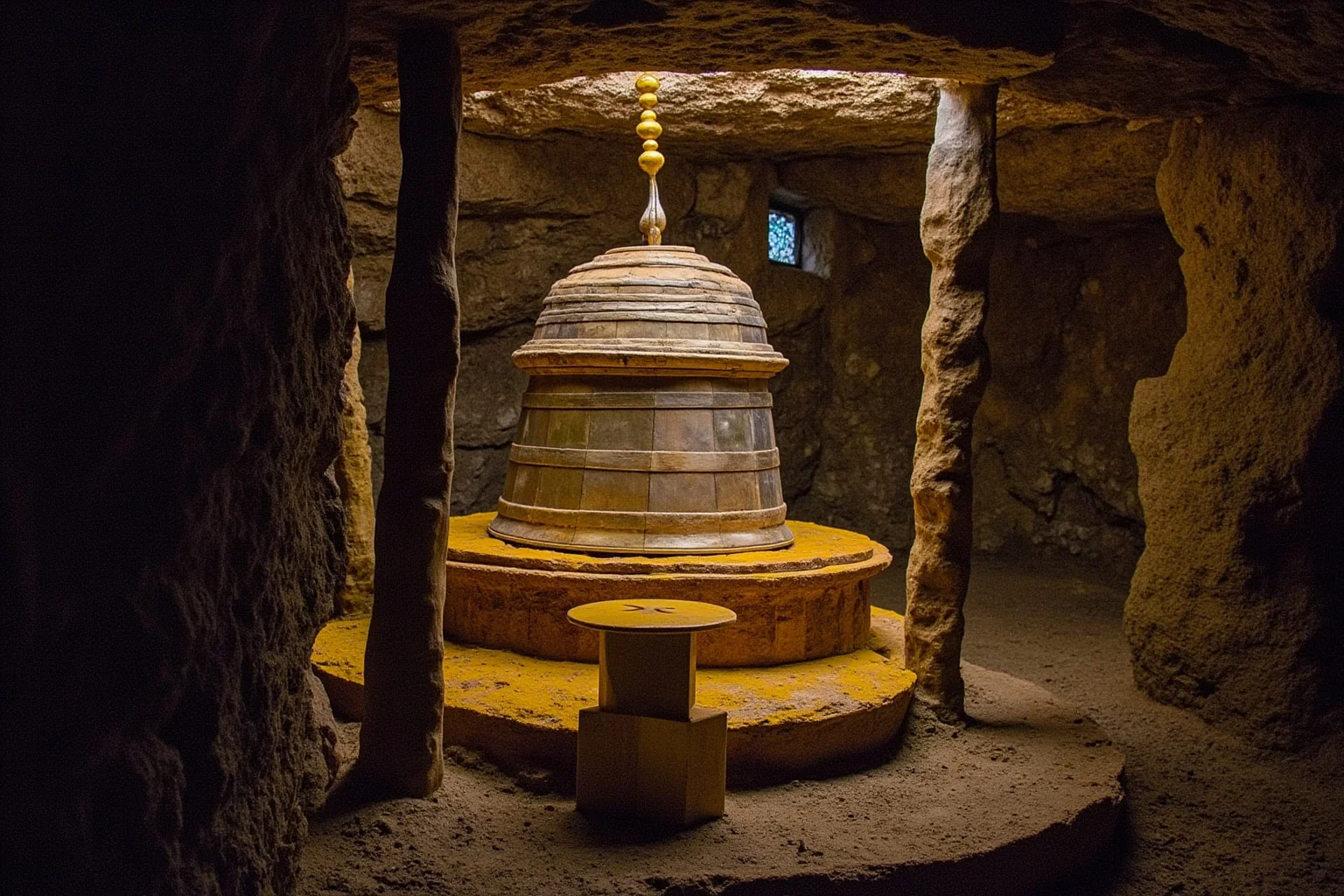 Underground stone chamber with gold and silver Buddhist ritual objects