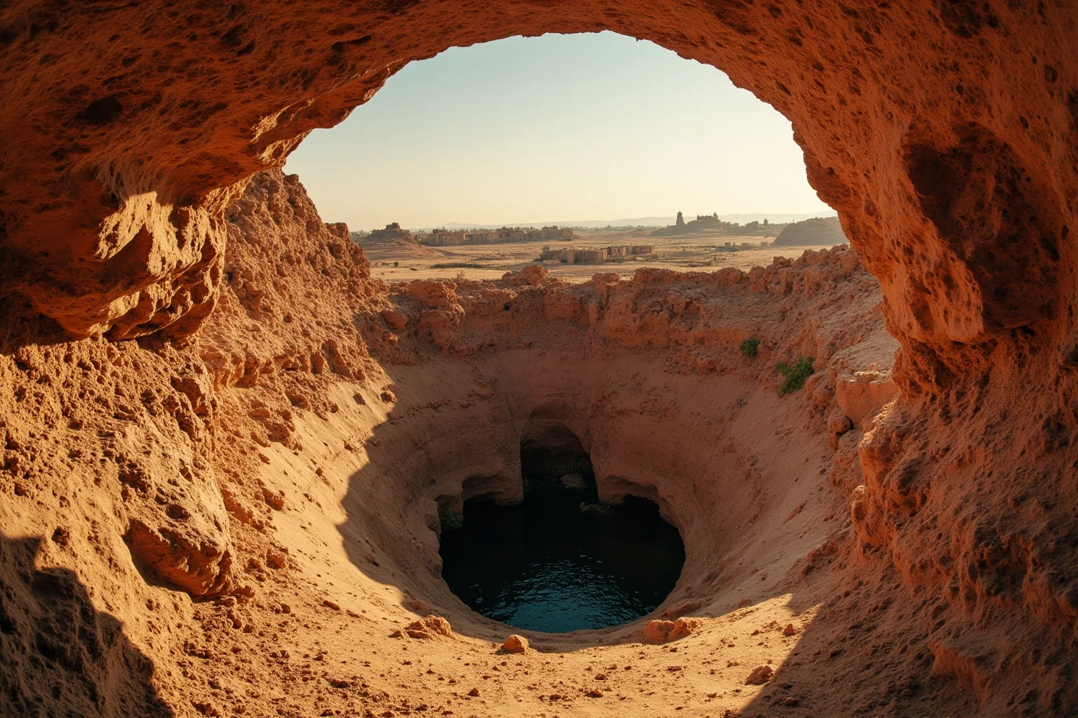 Underground stone irrigation tunnel network in the Sahara desert with distant fortified settlement above