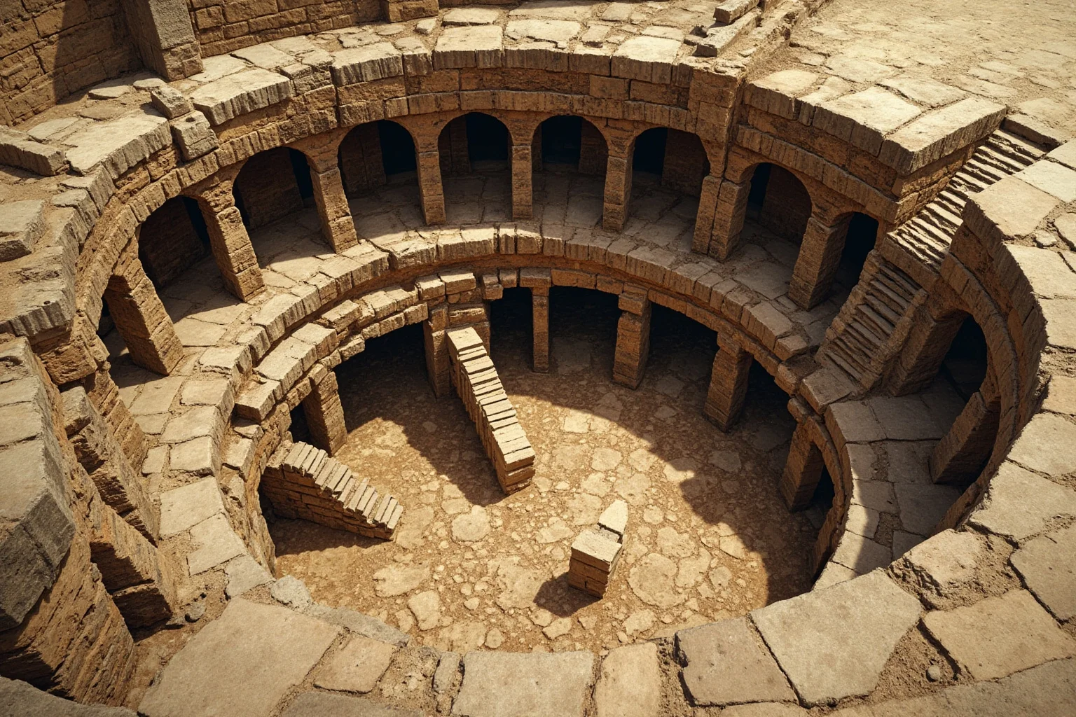 Underground stone tunnels and lift mechanisms beneath an ancient arena floor, illustrated cutaway