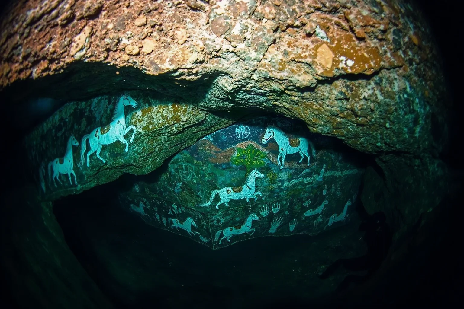 Underwater cave entrance with paintings of horses, seals, and hand stencils visible on the cave walls, submerged cave art