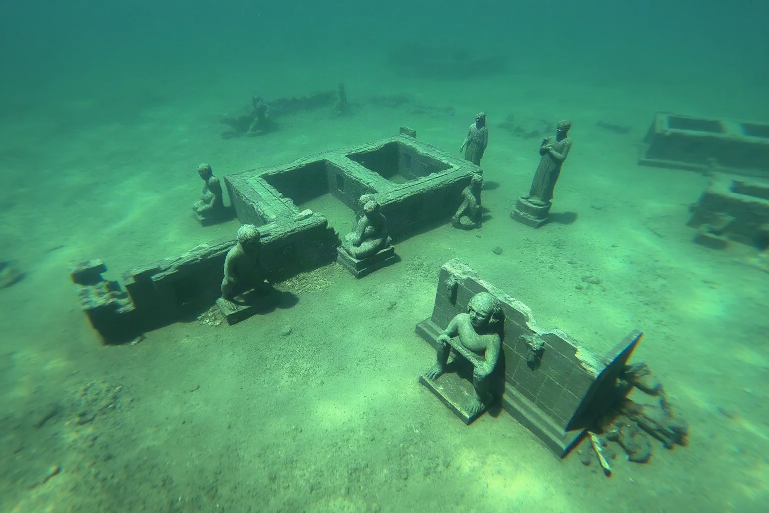 Underwater photograph of submerged ruins and statues from Thonis-Heracleion covered in sediment on Mediterranean seafloor