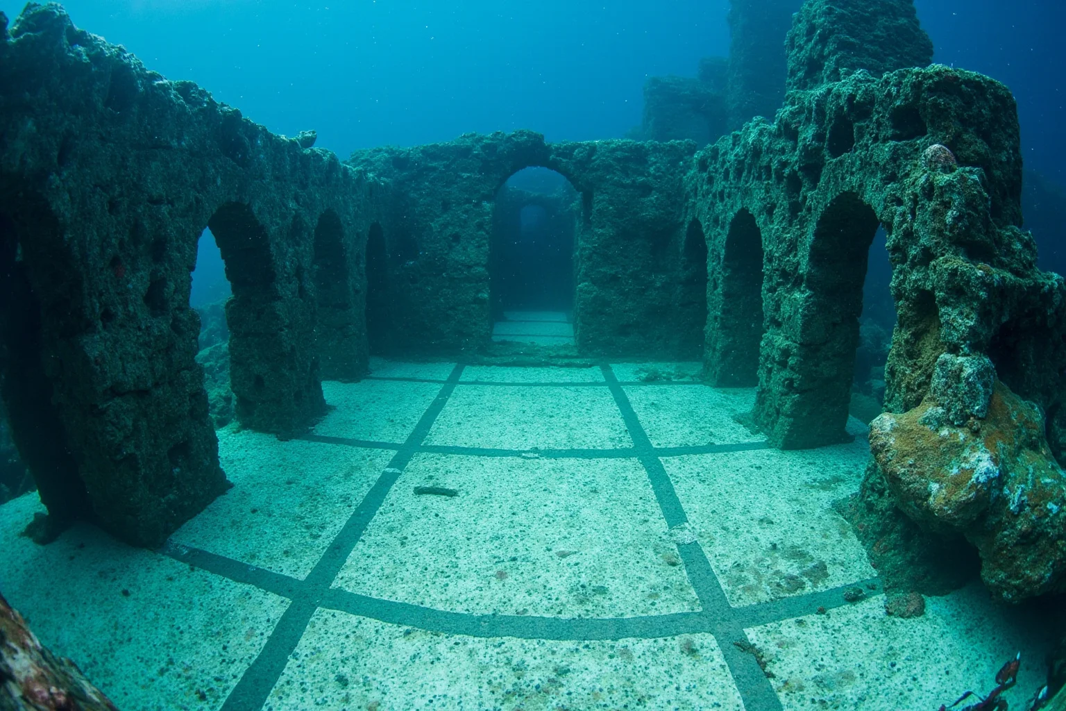22 Coolest Underwater Discoveries Made Throughout History 6 Underwater Roman villa ruins with mosaic floors and archways in a sunken coastal resort