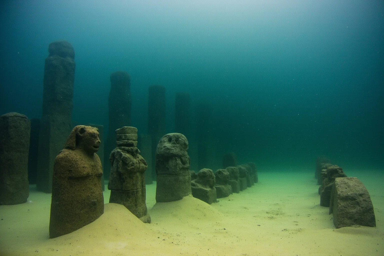 22 Coolest Underwater Discoveries Made Throughout History 3 Underwater ruins of a submerged ancient Egyptian city with stone statues and columns partially buried in sand
