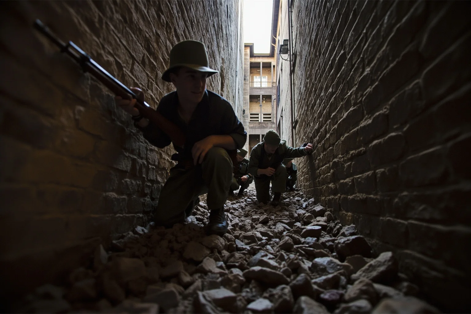 The Most Daring Prison Escapes in History 8 Union soldiers crawling through a narrow underground tunnel beneath a Civil War-era building