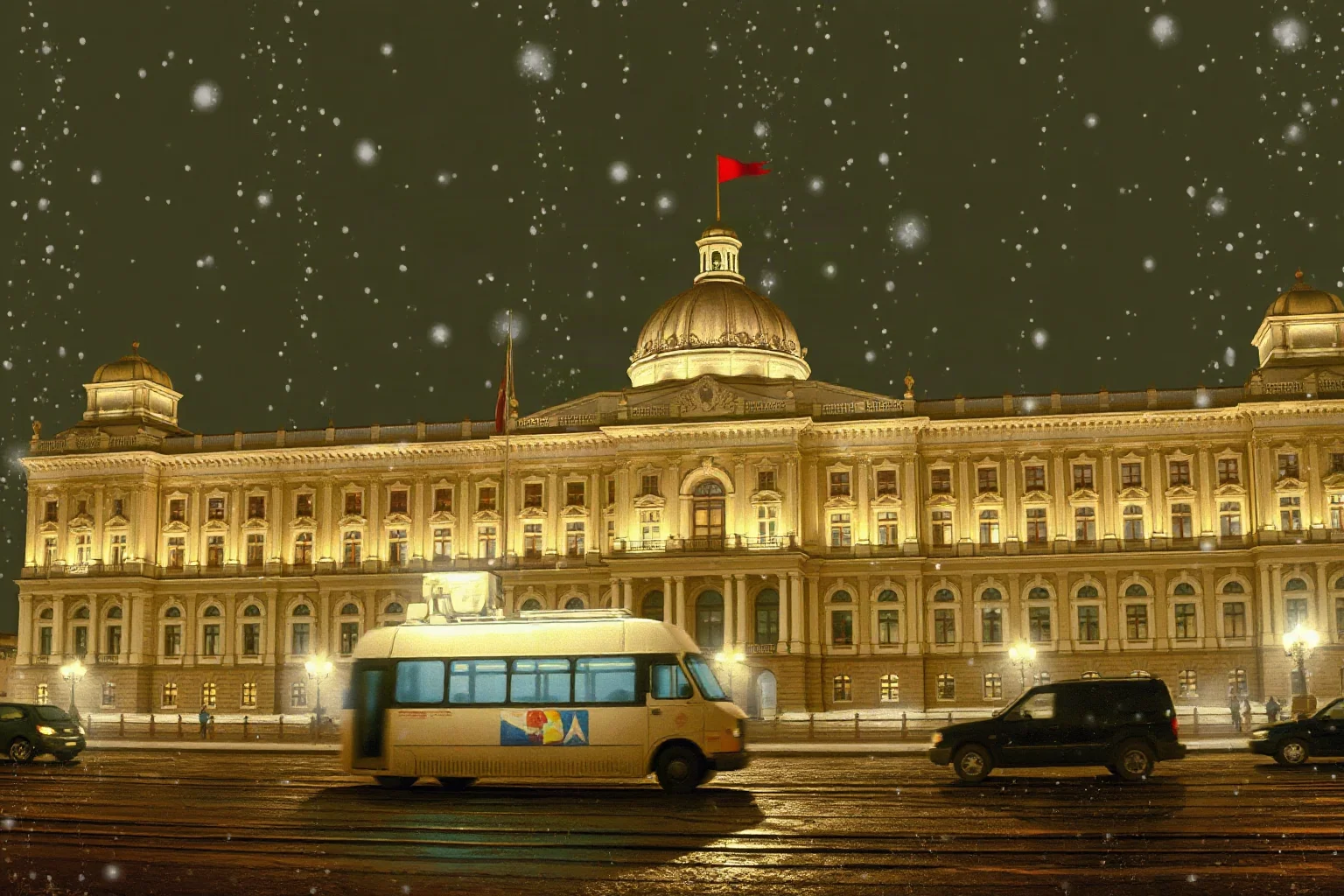 A moody sepia-toned illustration of a grand St. Petersburg palace at night, snow falling, evoking early 20th-century Russia