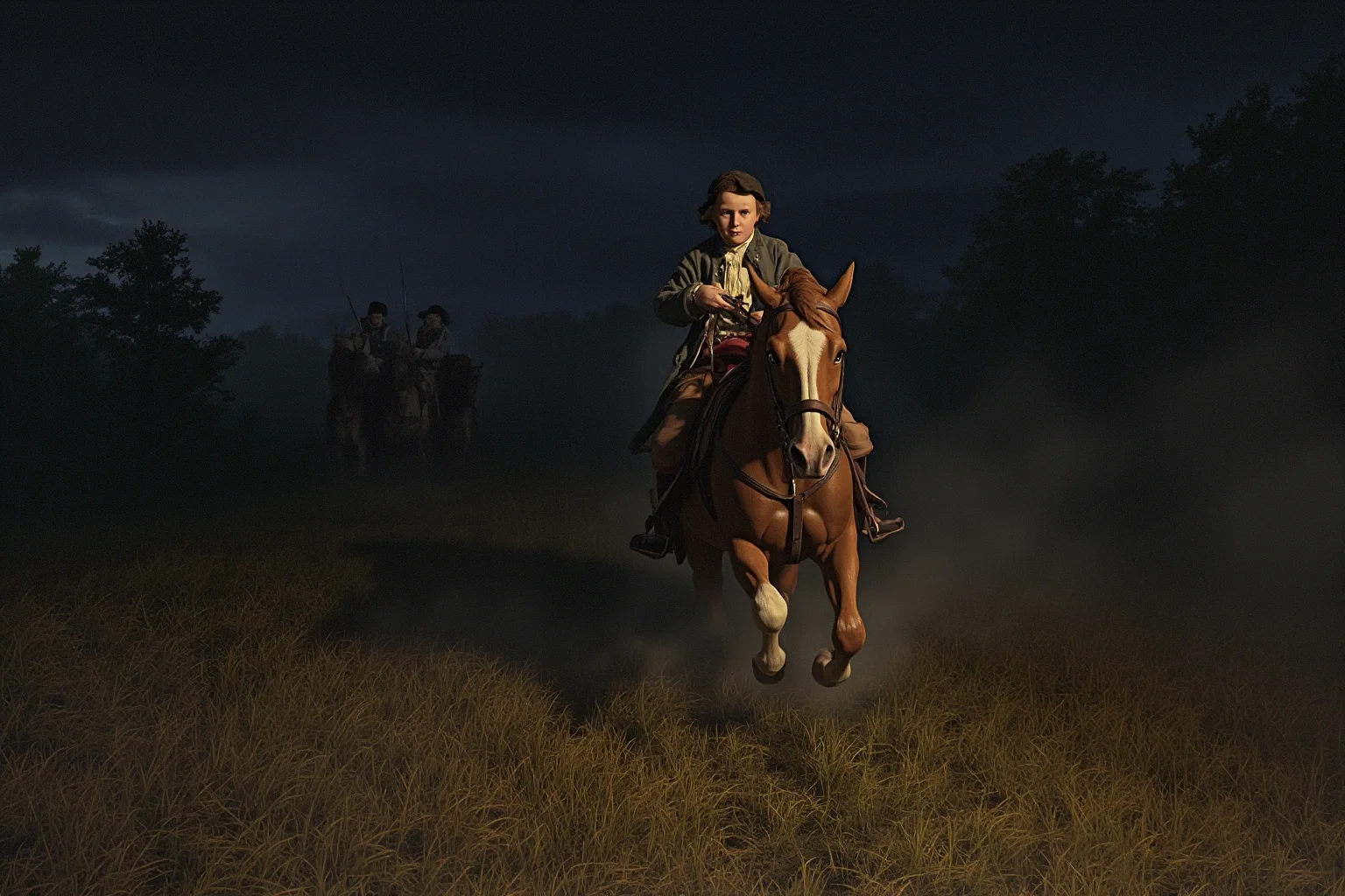 Unsung Heroes History Doesn't Talk About Enough 2 Illustration of a young colonial-era rider on horseback galloping through a dark countryside at night to warn militia soldiers, American Revolution setting