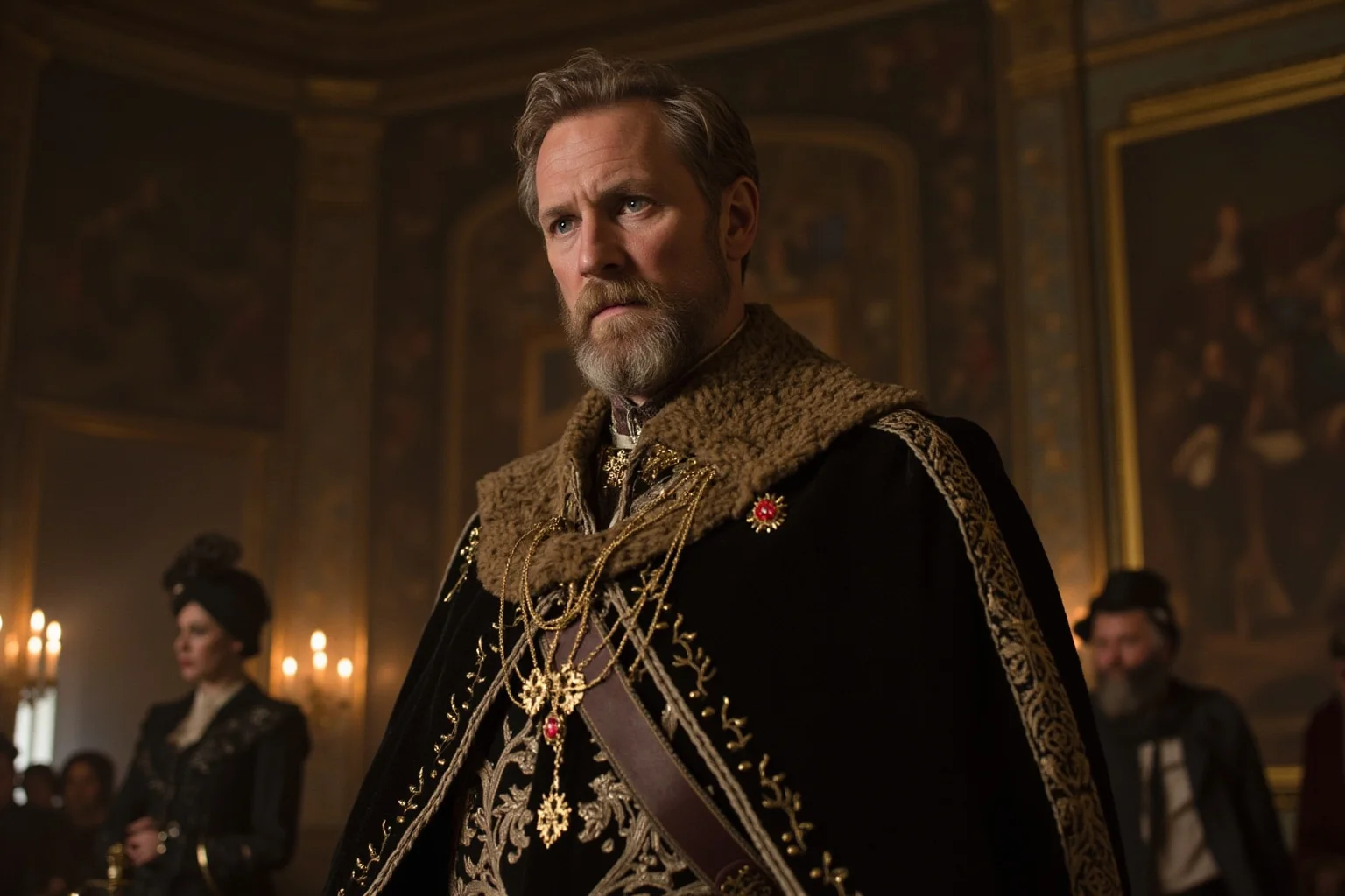 20 of History's Most Infamous 'Ugly' Figures — Myth vs. Reality 10 Unusually tall Russian tsar with intense gaze, towering over courtiers and diplomats, 17th century palace setting with high ceilings