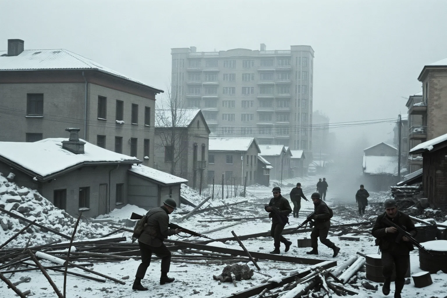 Urban warfare in ruined Soviet city with soldiers fighting among destroyed buildings, snow, winter conditions, World War II era