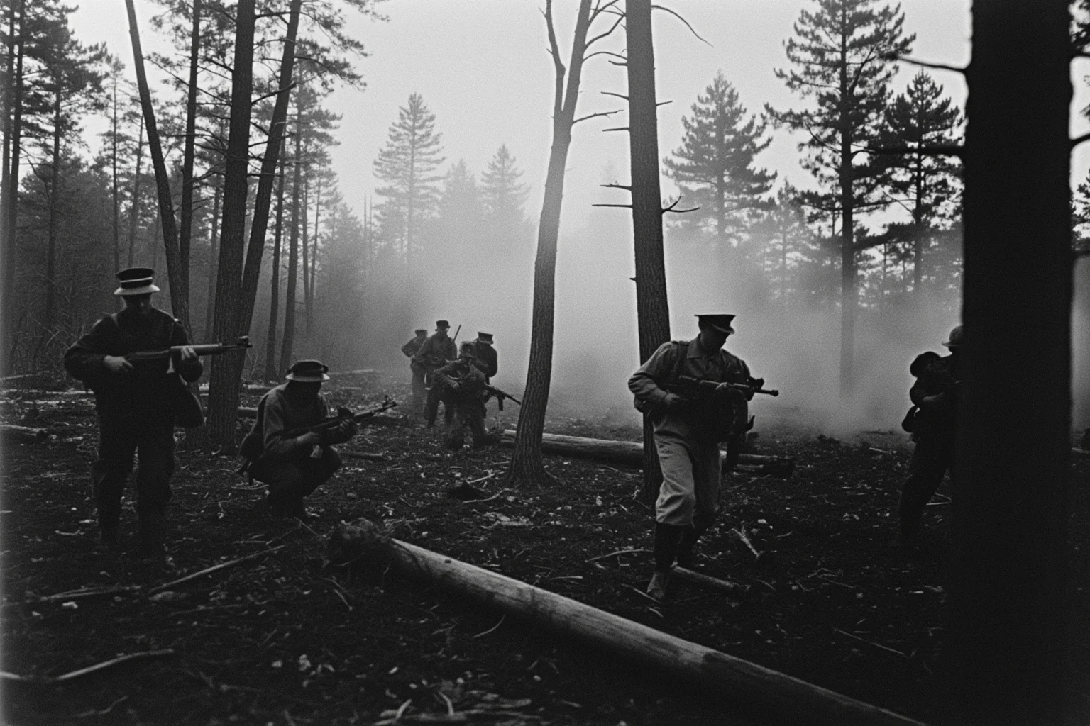 Battles That Defined American History 15 US Marines fighting through a dense forest during WWI, smoke and shattered trees around them