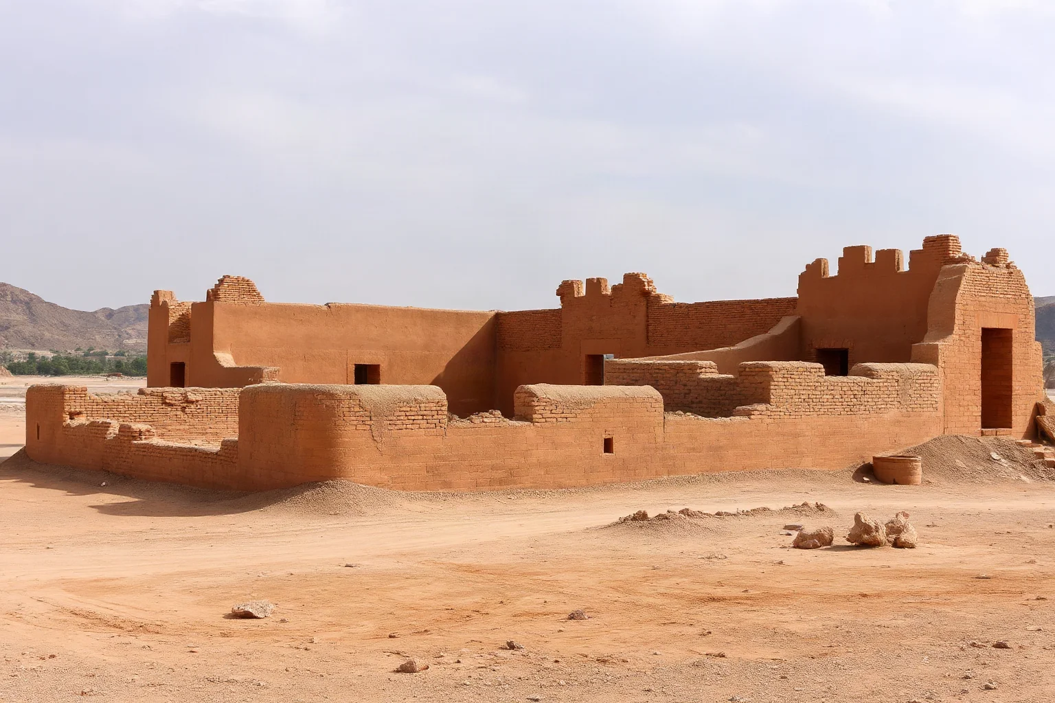 Vast desolate desert ruins of Merv with crumbling mud-brick walls and ancient fortifications against barren landscape