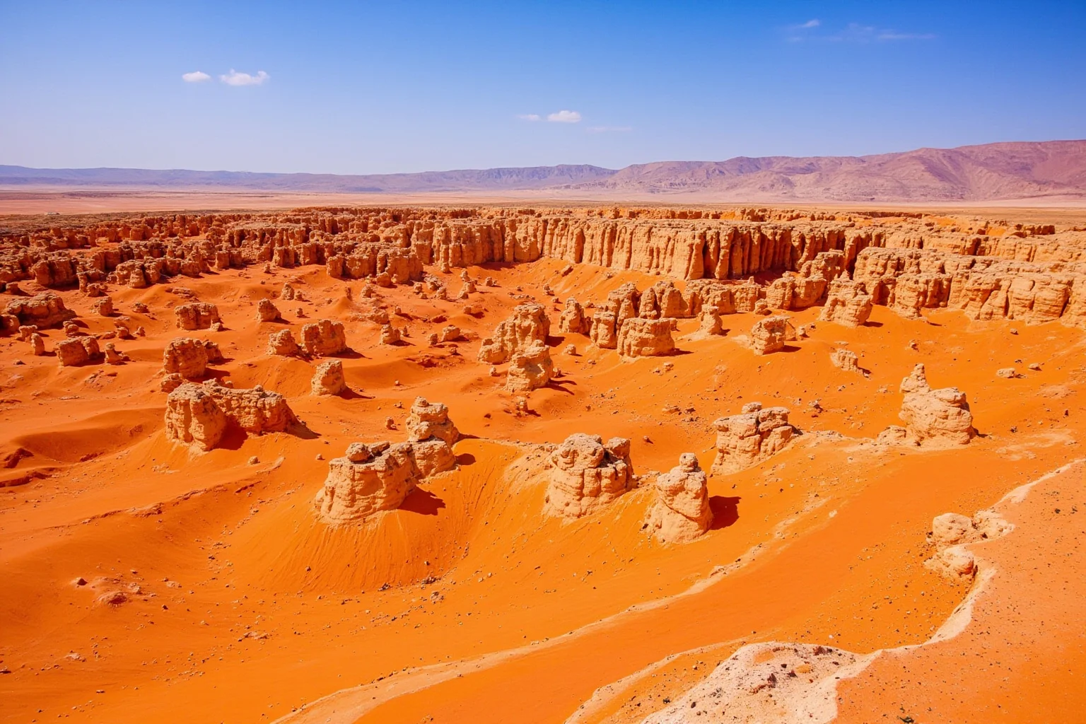 Vast Mongolian desert with orange sandstone cliffs eroding under bright sunlight